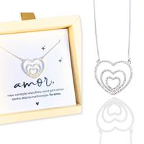 Colar Feminino Prata 925 Banhado com Pingente de 3 Corações Presente Namorada Esposa Romântico Colar Feminino Prata 925 Banhado com Pingente de 3 Corações Presente Namorada Esposa Romântico