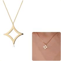 Colar Feminino Semi Joias Pingente Estrela 4 Pontas Lisa Garantia Banho Ouro 18k Rodio Branco Acessórios Noiva Festa Formatura