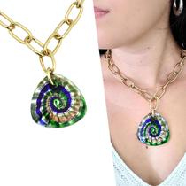 Colar Feminino Semijoia Elos Murano Mesclado Verde Azul Prosperidade e Abundância