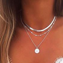 Colar Feminino Tres Camadas Fino Coreano Corrente Prateado