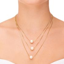 Colar Feminino Triplo Veneziana com Pérolas Shell Banhado a Ouro 18k