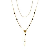 Colar Fios e Cristais Preto Nossa Senhora Aparecida e Cruz Folheado em Ouro 18K Softjoias