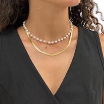 Colar Fita Laminado + Colar Perola Banhado a Ouro 18k
