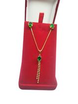 Colar Folhado a Ouro 18K Ponto de Luz Verde + Brinco