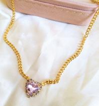 Colar Folheado a ouro 18k Elos Pequenos com Pingente coração Rosa cravejados de zircônias Colar Folheado a ouro 18k Elos Pequenos com Pingente coração Rosa cravejados de zircônias