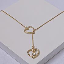 Colar Folheado a Ouro Veneziana Gravata Zircônia Coração Vazado