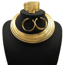 Colar Gargantilha Africano + Brinco Pulseira Anel Dourado - VALLEN ACESSÓRIOS