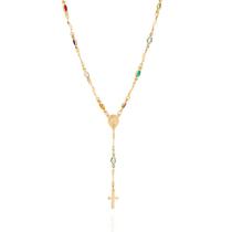 Colar gargantilha banhado ouro 3x 24k 18k e 22k feminino terço pedras cristais coloridas sagrado coração de jesus e cruz 530829