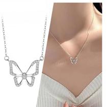 Colar Gargantilha Borboleta Strass Feminino Prata Brilhante