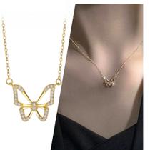 Colar Gargantilha Borboleta Strass K-pop Ouro Dourado