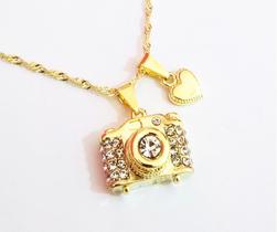 Colar Gargantilha Coração Máquina Fotográfica Folheado