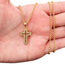 Colar Gargantilha Corrente e Pingente de Cruz Crucifixo Zircônias Banhado a Ouro 18k