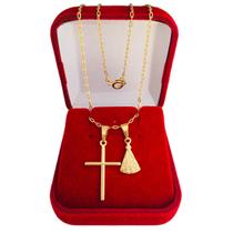 Colar Gargantilha Corrente e Pingente Nossa Senhora e Crucifixo Banhado a Ouro 18k