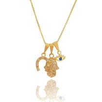 Colar Gargantilha Corrente e Pingente Patuá Olho Grego Ferradura e Mão de Fátima Banhado a Ouro 18k Colar Gargantilha Corrente e Pingente Patuá Olho Grego Ferradura e Mão de Fátima Banhado a Ouro 18k