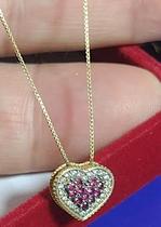 Colar Gargantilha Corretinha 50 Cm Coração 10 mm Brilhantes Rubi Ouro 18 Kilates 1.70 Gramas
