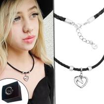 Colar Gargantilha de Couro Trançado Preto Feminina Country Coração Cavalo