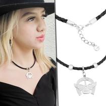 Colar Gargantilha de Couro Trançado Preto Feminina Country Fecho Mosquetão Violão com Asas