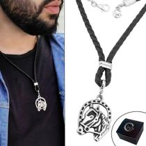Colar Gargantilha de Couro Trançado Preto Masculino Country Cavalo Ferradura