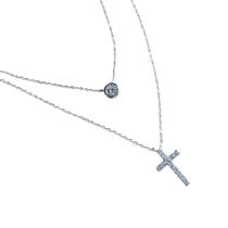 Colar Gargantilha Duplo com Pedra e Crucifixo com Zircônia em Prata 925