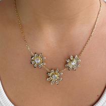 Colar Gargantilha Elo Corrente Flores Central Banhado em Ouro 18k