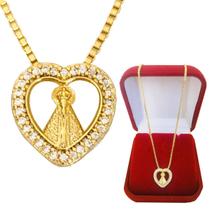 Colar Gargantilha Feminina Coração Nossa Senhora Aparecida Cravejadas Zircônias Semijoia Folheada a Ouro Colar Gargantilha Feminina Coração Nossa Senhora Aparecida Cravejadas Zircônias Semijoia Folheada a Ouro