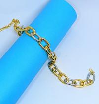 Colar Gargantilha Feminina Corrente elos grandes dois elo mix Dourado com Prateado Folheado a Ouro Luxo Tendência