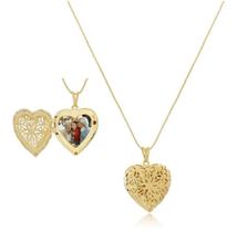 Colar Gargantilha Feminino com Pingente Relicário Coração para Foto Folheado Ouro 18k Dourado Corrente Colar Gargantilha Feminino com Pingente Relicário Coração para Foto Folheado Ouro 18k Dourado Corrente