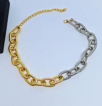 Colar Gargantilha Feminino Corrente Elos Grande Misturas dois Elos Folheado a Ouro Mix Dourado com Prata Tendência