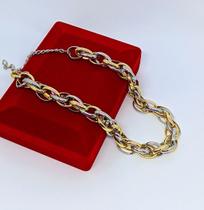 Colar Gargantilha Feminino Corrente Elos Grosso duplo trançado Oval Mix dourado com Prateado Folheado Ouro Blogueira