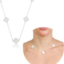 Colar Gargantilha Feminino Prata 925 Legítima com Trevos de Madrepérola Corrente 45cm Delicada Colar Gargantilha Feminino Prata 925 Legítima com Trevos de Madrepérola Corrente 45cm Delicada