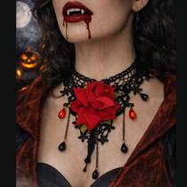 Colar Gargantilha Gótico Flor Pedra Renda Cigana Halloween Colar Gargantilha Gótico Flor Pedra Renda Cigana Halloween