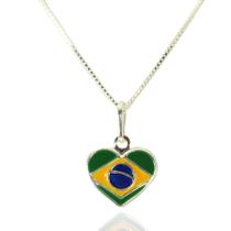 Colar Gargantilha Pingente Banderia Brasil Coração Prata 925