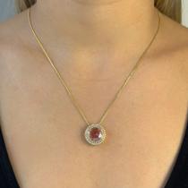 Colar Gargantilha Pingente Círculo Zircônias Cristal Central Rosa Banhado em Ouro 18k