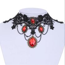 Colar Gótico de Vampiro com Strass Vermelho - Gargantilha Vitoriana para Festa Colar Gótico de Vampiro com Strass Vermelho - Gargantilha Vitoriana para Festa