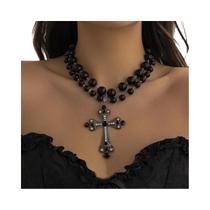 Colar Gótico Feminino Com Pingente Grande De Cruz Com Strass E Pérolas Imitadas