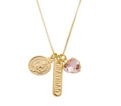 Colar Gratidão com São Bento e Coração Zircônia Rosa Banhado em Ouro 18K
