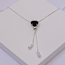 Colar Gravata Coração Preto Folheado a Prata