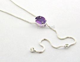Colar Gravata Pedra Ametista Gema Natural Prateado Colar Gravata Pedra Ametista Gema Natural Prateado