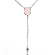 Colar Gravata Pedra Quartzo Rosa Gema Prateado