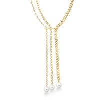 COLAR GRAVATA TRÊS VOLTAS COM ELOS E PÉROLAS BANHADO A OURO - 40cm + 5cm Extensor