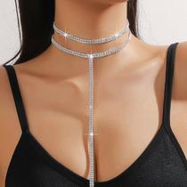 Colar Gravatinha Gargantilha Zircônia Prata Festa Longo Strass Noiva-Colar Gravata Y Choker Duplo Brilhante Alongado Colar Gravatinha Gargantilha Zircônia Prata Festa Longo Strass Noiva-Colar Gravata Y Choker Duplo Brilhante Alongado