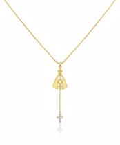 Colar Gravatinha Nossa Senhora Aparecida com Cruz Zircônia Cristal Banhado a Ouro