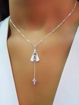 Colar Gravatinha Nossa Senhora com Cruz Zircônia Cristal Banhado a Prata