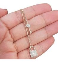 Colar Gravatinha Zirconia Cadeado Chave F. Ouro 18k Dourado -