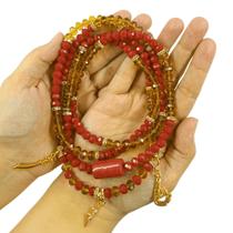 Colar Guia Cristais Orixá Iansã Vermelha Dourada