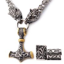 Colar Gungneer Viking Mjolnir Thor Hammer com corrente de lobo