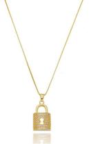 Colar Kelly Veneziana Com Pingente Cadeado Vazado Cravejado Zircônia Cristal banhado em ouro 18k Colar Kelly Veneziana Com Pingente Cadeado Vazado Cravejado Zircônia Cristal banhado em ouro 18k
