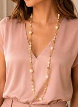 Colar Longo de Cristal e Pérola Dourado - 90 cm