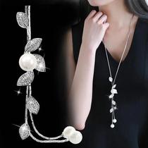 Colar Longo Feminino Elegante Com Strass, Folhas E Pérolas, Joia De Moda Para Suéter