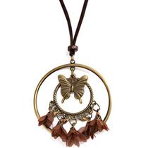 Colar Longo Marrom Boho Chic Acessórios Feminino Borboleta Mandala Flor